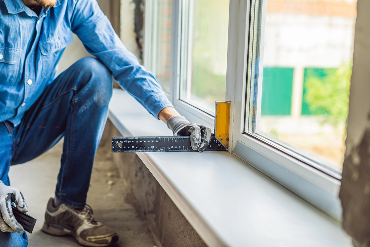 man blue shirt does window installation